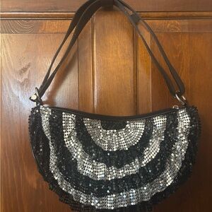 American Vintage Black and Silver Sequin Crescent Shoulder Bag